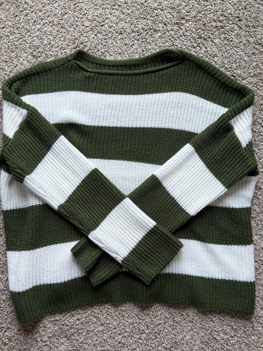 Striped Olive Green and White Knit Sweater - Women's Pullover